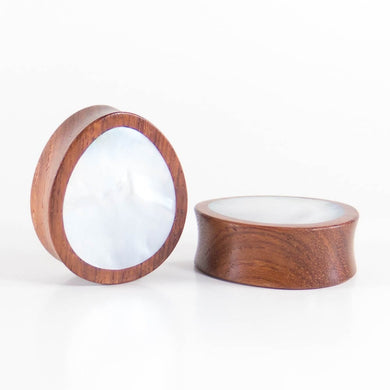 Blood Wood Oval Teardrop Plugs with Mother of Pearl Shell (Pair) - Bare Bones Organics