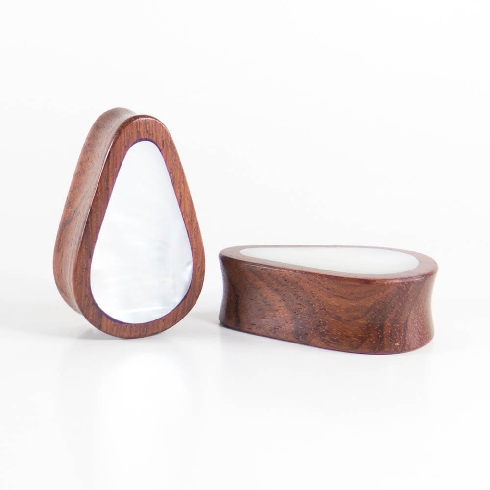 Blood Wood Tall Teardrop Plugs with Mother of Pearl Shell (Pair) - Bare Bones Organics