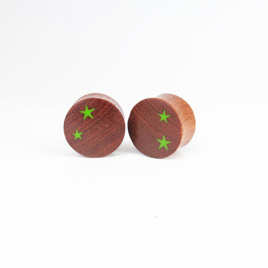 Vintage Blood Wood Plugs with Two Green Star (Pair)