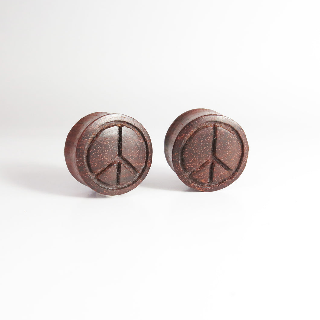 Vintage Blood Wood Plugs with Carved Peace Sign (Pair)