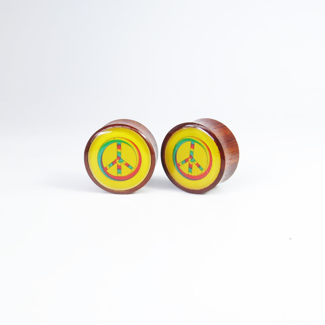 Vintage Blood Wood Plugs with Pride Peace Sign (Pair)
