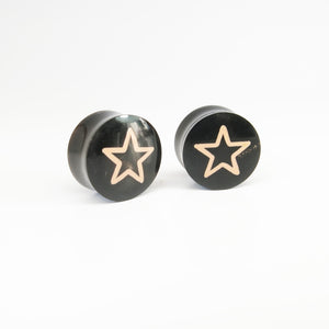 Vintage Buffalo Horn Plugs with Hollow Pink Star (Pair)