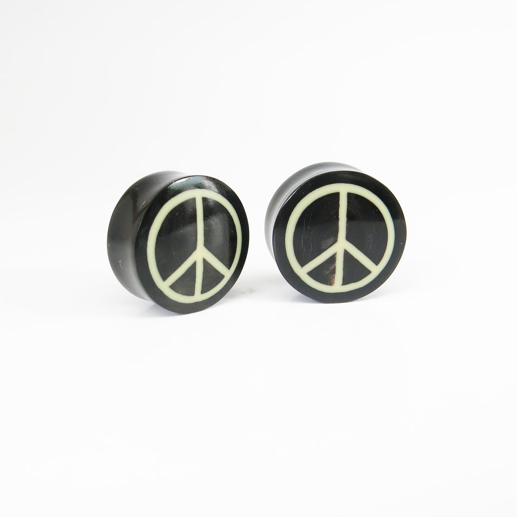 Vintage Buffalo Horn Plugs with Peace Sign (Pair)