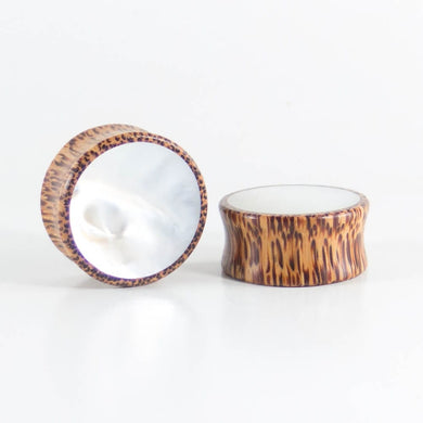 Coconut Palm Round Plugs with Mother of Pearl Shell (Pair) - Bare Bones Organics