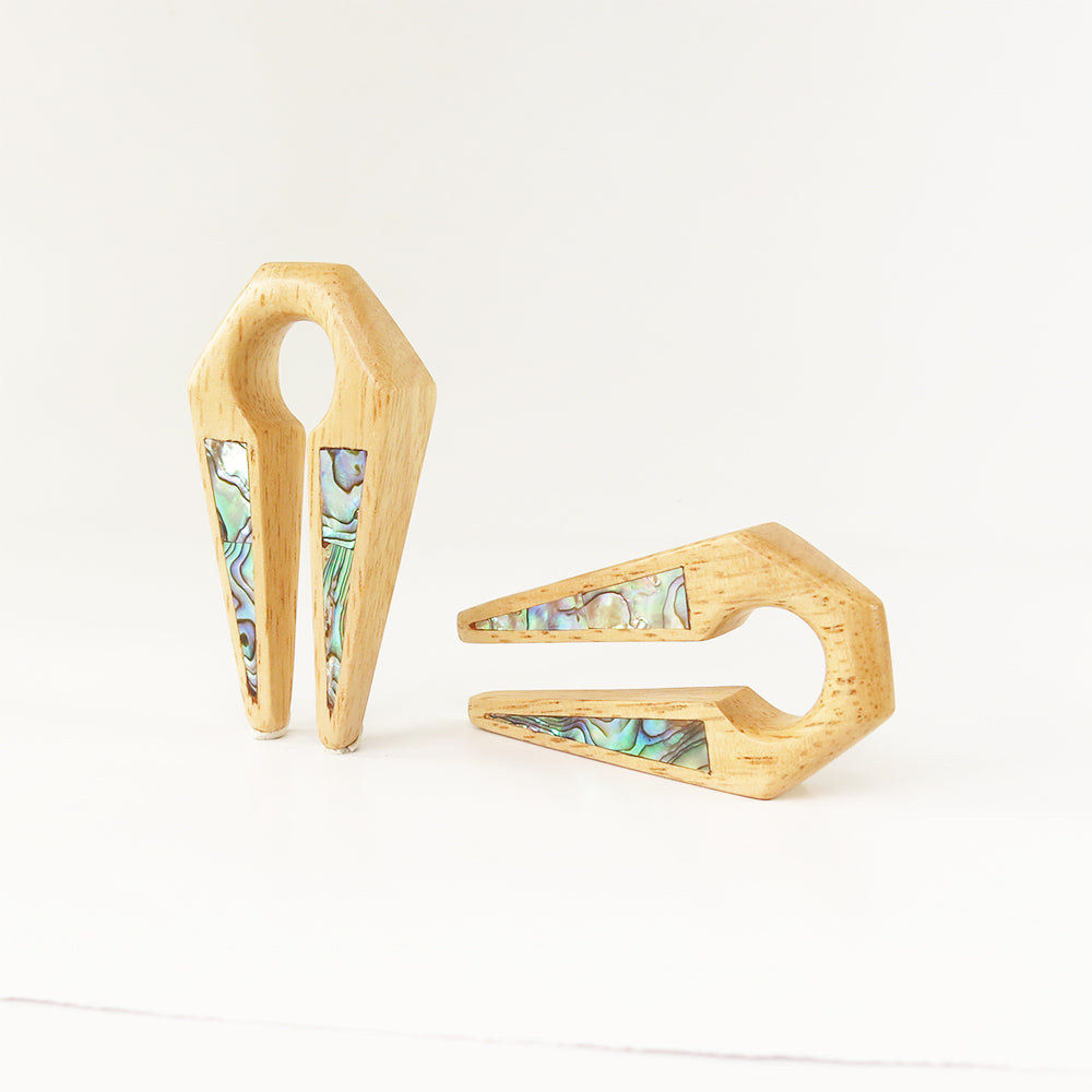 Hevea Wood Keyhole Ear Weights with Abalone Shell (Pair) - Bare Bones Organics