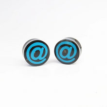 Load image into Gallery viewer, Vintage Buffalo Horn Plugs with Blue &quot;@&quot; sign (Pair)